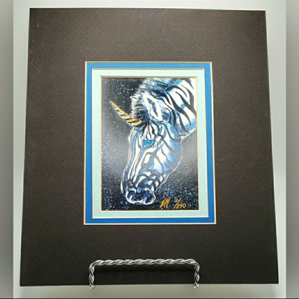 Vintage 90s Fantasy Limited Edition Art Print Zebracorn Blue Gold Unicorn AP8